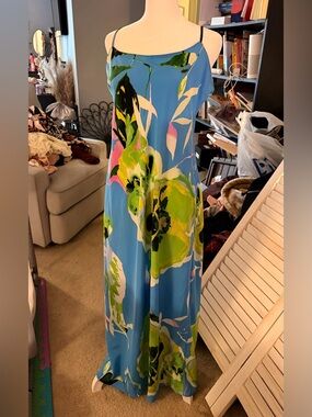 Natori vintage Blue Floral Slip Maxi Dress or night gown with Green/Pink Accents